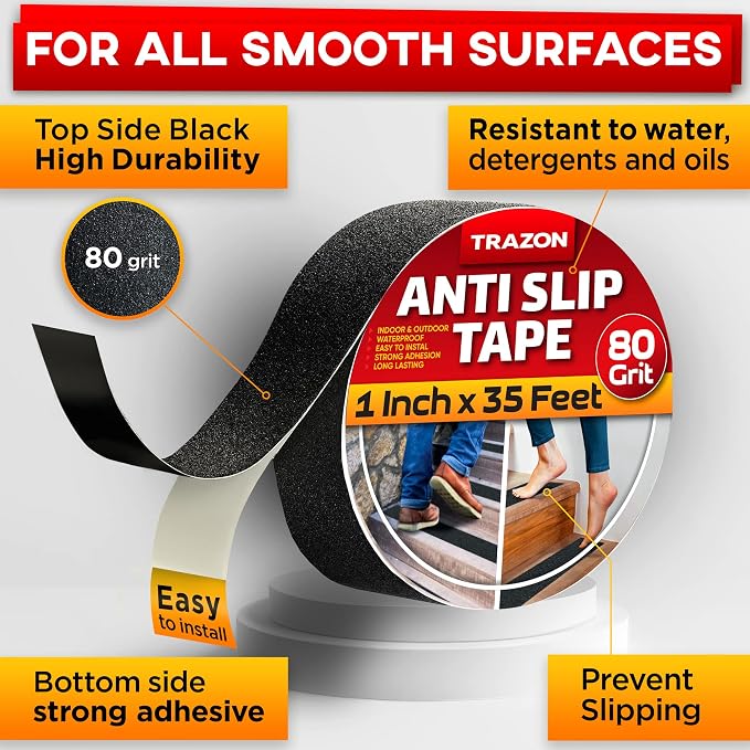 Grip Tape - Heavy Duty Anti Slip Tape for Stairs Outdoor/Indoor Waterproof 1Inch x 35Ft Safety Non Skid Roll for Stair Steps Traction Tread Staircases Grips Adhesive Non Slip Strips Nonslip Walk Black