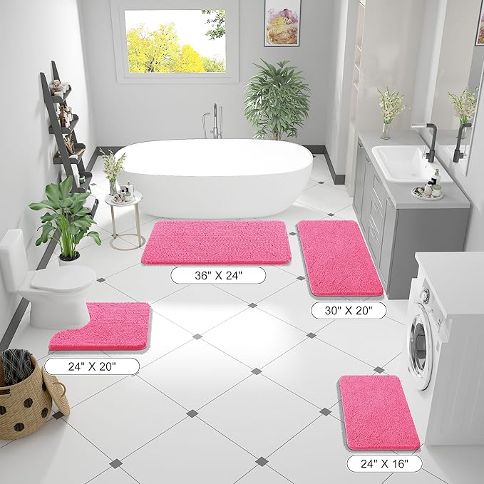 OLANLY Small Bathroom Rugs 24x16, Extra Soft Absorbent Chenille Bath Rugs, Rubber Backing Quick Dry, Machine Washable Bath Mats for Bathroom Floor, Tub and Shower, Home Decor Accessories, Hot Pink