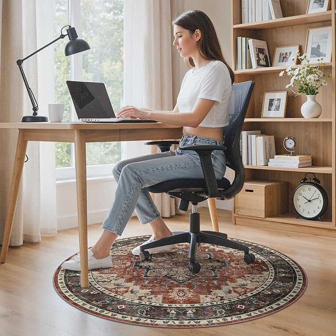 48"x48" Office Chair Mat for Hardwood Tile Floor, Under Desk Carpet Protector for Rolling Computer Chair Mat, Machine Washable Round Area Rug, Anti-Slip 1/5" Thick Low Pile Thin Floor Mat, Annatto