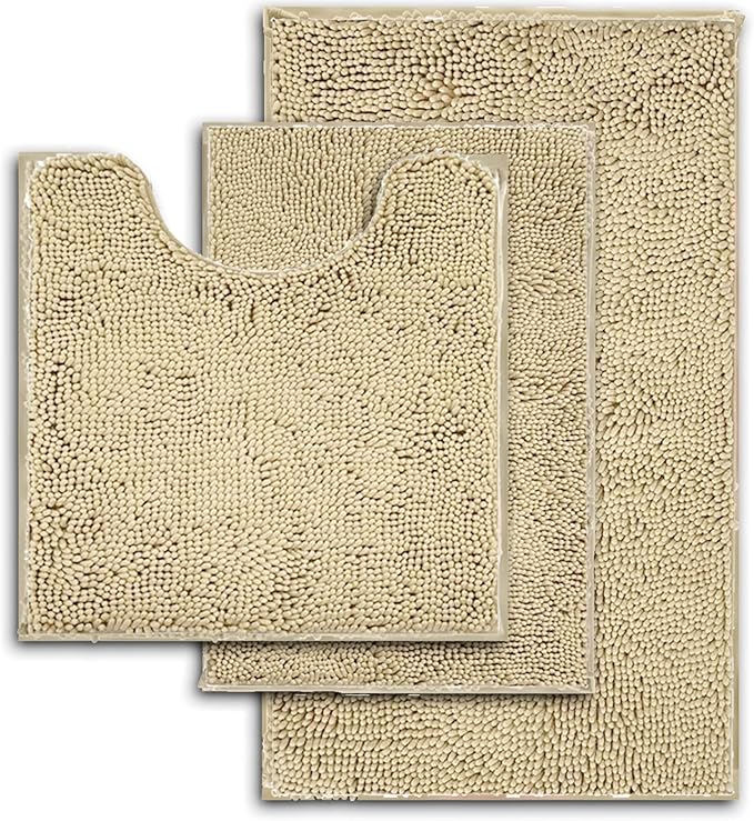 RUN HELIX Beige Bathroom Rugs Ultra Soft Rugs and Mats Set 3 Pieces Bath Rug Set Thick Chenille Bath Rugs Non Slip Bath Mats for Bedroom