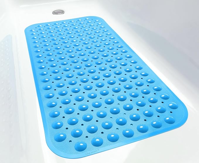 Large Non-Slip Bathtub & Shower Mat 31”x16” (Smooth/Non-Textured Tubs Only) Safe, Clean, Machine-Washable, Superior Grip&Drainage, Vinyl, Opaque Light Blue