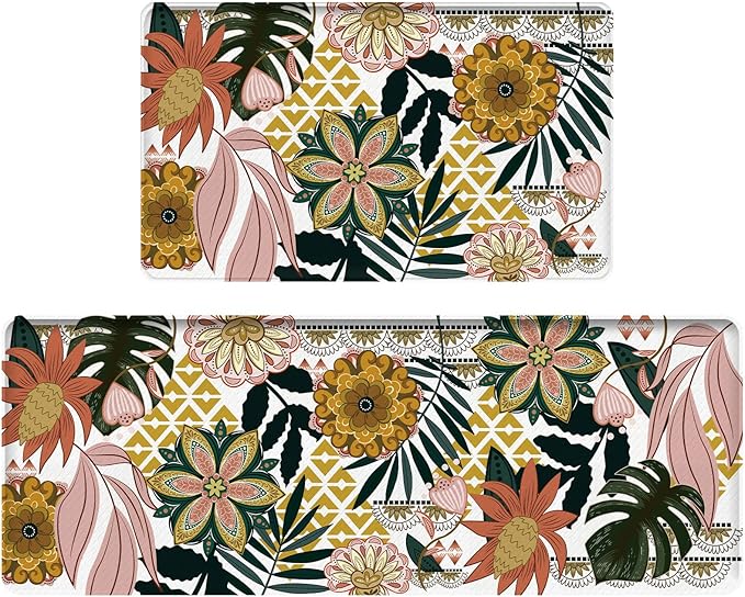 Bulijojo Boho Floral Anti Fatigue Kitchen Floor Mats Set of 2 Waterproof Kitchen Sink Runner Rug Standing Mat Cushioned Kitchen Rugs Comfort Doormat 17"x47"+17" x30“