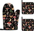Mushroom Oven Mitts and Pot Holders Sets Cute Oven Gloves Heat Resistant 4 Pcs Funny Decorative Kitchen Hot Pads and Mitts for Baking Cooking Grilling