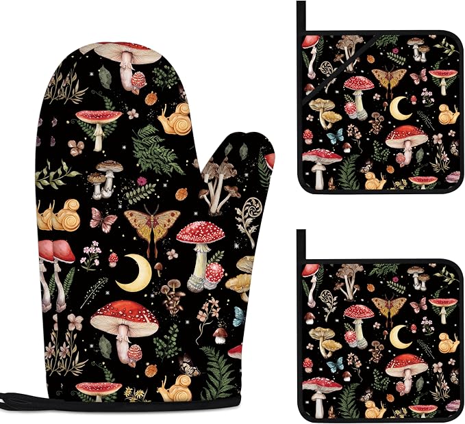 Mushroom Oven Mitts and Pot Holders Sets Cute Oven Gloves Heat Resistant 4 Pcs Funny Decorative Kitchen Hot Pads and Mitts for Baking Cooking Grilling