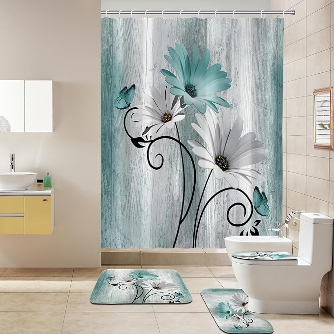 Onalasyc 4PCS Teal Daisy Country Farmhouse Shower Curtain Set with Shower Curtain and Carpet and Accessories, Waterproof Bathroom Shower Curtain Decorative Set with 12 pcs Hooks,71 x 71in