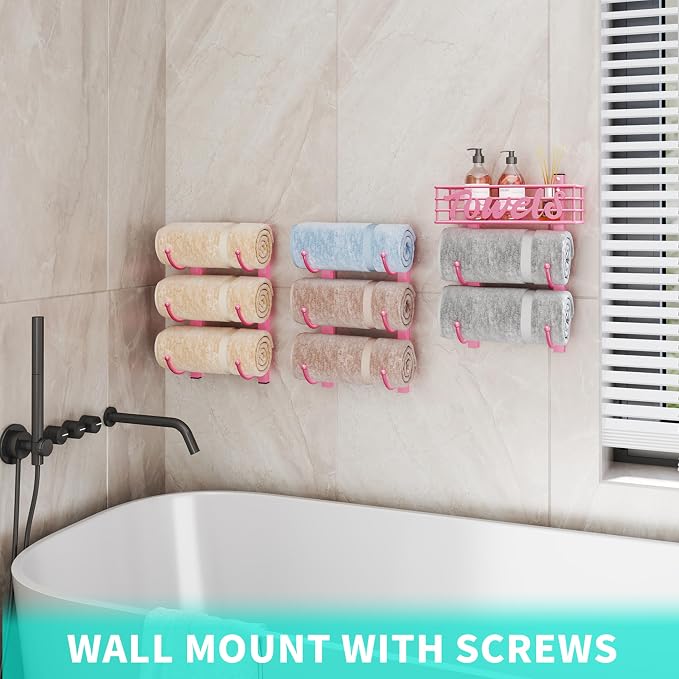 HapiRm Towel Racks for Bathroom Storage - 9 Tier Over The Door & Wall Mount Rolled Towel Storage Organizer Holder with Metal Shelf Basket for Small Bathroom, Camper, Rv - Pink, Patented