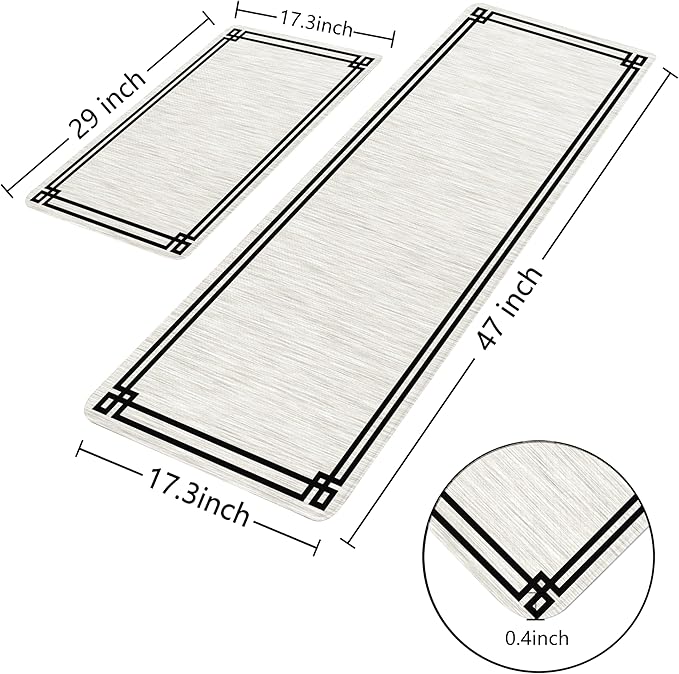 Cream Retro Elegance Frame Textured Kitchen Rug Sets [2 PCs], Anti-Fatigue, Waterproof Non-Slip Kitchen Mats Heavy Duty Comfort Foam Rug for Kitchen, Floor, Laundry,17"x29"+17"x47"