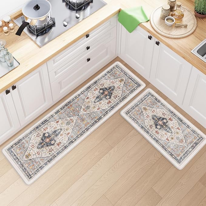 Collive Farmhouse Anti Fatigue Kitchen Mat, Cushioned Kitchen Rug Sets of 2 Waterproof Non Slip Kitchen Floor Mats Ergonomic Comfort Standing Mat for Laundry, Office, Sink, Desk, Blue/Multi