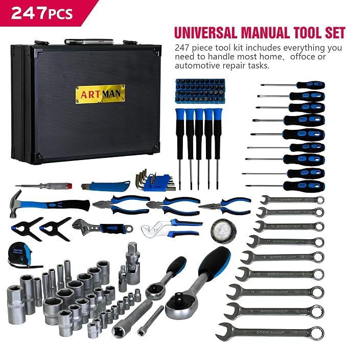 247-Piece Home Garage Tool Set with Sockets, Wrenches, Ratchets, Screwdrivers & Pliers, Portable Aluminum Case for Auto Maintenance, Home Repair & DIY, Fathers Day Gifts