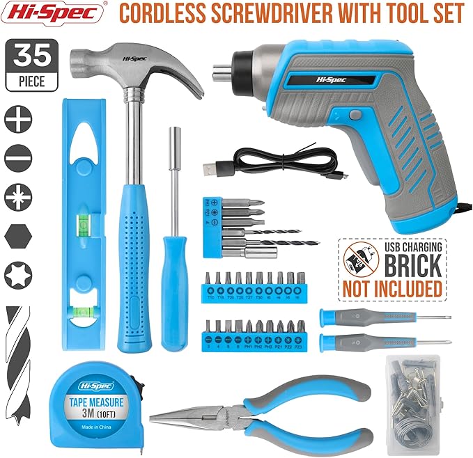 Hi-Spec 35pc Blue Tool Kit with 3.6V USB Electric Screwdriver and Drill set. Complete General Tool Set