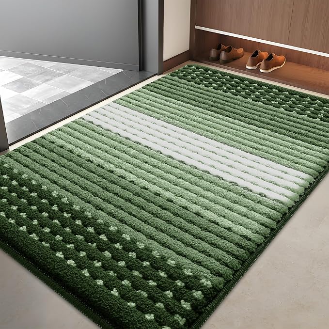 Kitinjoy Indoor Outdoor Door Mat, 40x32 Non-Slip Absorbent Dirt Trapper, Low-Profile Washable Inside Entrance Front Floor Mat, Sturdy Soft Entry Dotted Ombre Doormats for Entryway, Green
