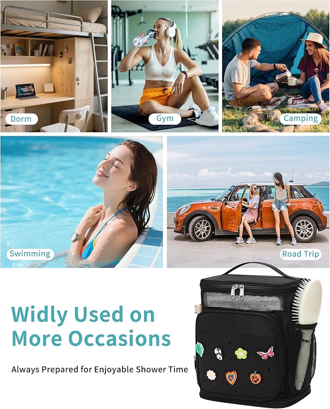 Shower Caddy Portable, Hanging Shower Caddy with DIY Decoration Charms for College Dorm Room Essentials, Quick Dry Shower Bag Mesh Toiletry Bag for Bathroom, Gym, Camping, Swiming, Beach, Traveling