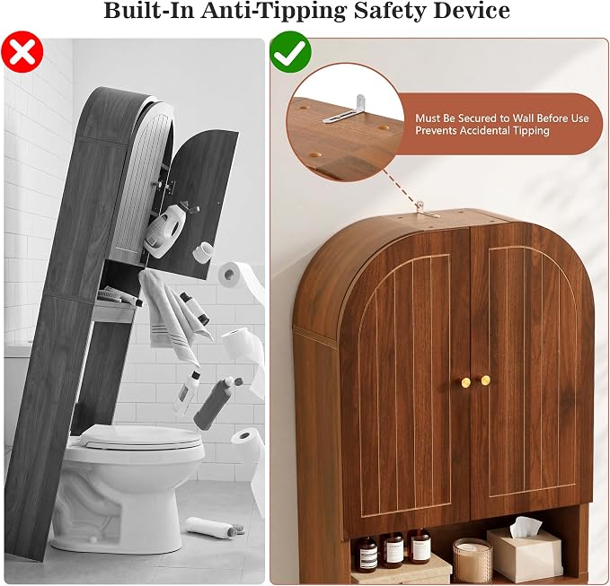 Over the Toilet Storage Cabinet, 70" Tall Bathroom Space Saver with Fluted Grooved Doors, Freestanding Over Toilet Organizer with Adjustable Shelves & Soft-Close Hinges for Small Bathrooms (Walnut)