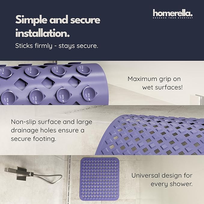 homerella® Shower Mat Non Slip Anti Mold, Non Slip Shower Mats for Inside Shower Stall Anti Slip Mat, Square Shower Floor Mat 21 x 21 in with Suction Cups & Hooks for Quick Drying, Machine Washable
