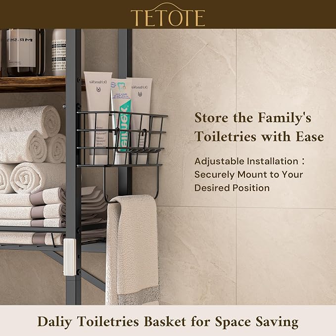 TETOTE Over-The-Toilet Storage Rack, 4-Tier Bathroom Organizer Shelf Over Toilet with Adjustable Shelf and Basket, Freestanding Space Saver Bathroom Shelves Above Toilet for Room(Brown)