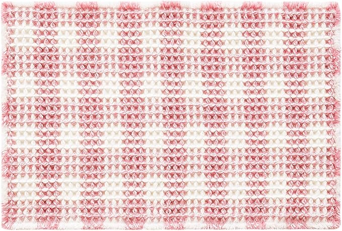 TYUU Waffle Bath Mat, Boho Bathroom Rugs Non Slip Washable Absorbent Checkered Bathroom Mat Quick Dry Cute Bath Mat, 30"x20" Pink and White