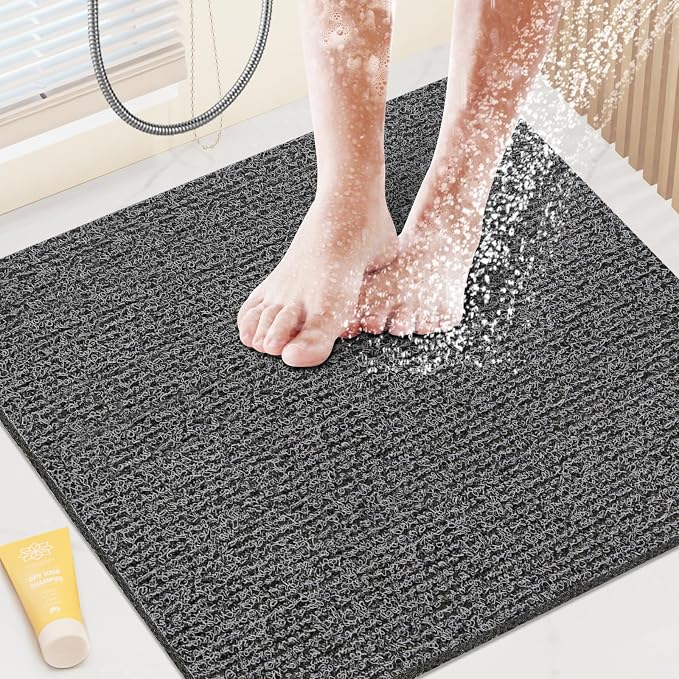 Shower Mat Bathtub Mat Non-Slip,24x24 inch, Soft Tub Mat with Drain,PVC Loofah Bath (Phthalate Free) for Tub and Bathroom,Quick Drying, Black