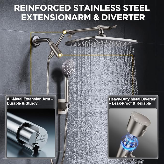 Veken 11.8" Brushed Nickel Rain Shower Head with Handheld, High Pressure Handheld Shower Heads with Multi Spray Modes,Rainfall Combo with 15" Metal Extension Arm,Detachable Dual Shower,Regaderas Para