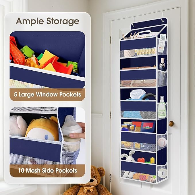 SpaceHacks 1 Pack Over The Door Organizer, Hanging Storage Organizer with Clear Window, 40lb Ultra Sturdy Large Capacity Room Organizer for Pantry Laundry Bathroom Nursery Closet (Blue)