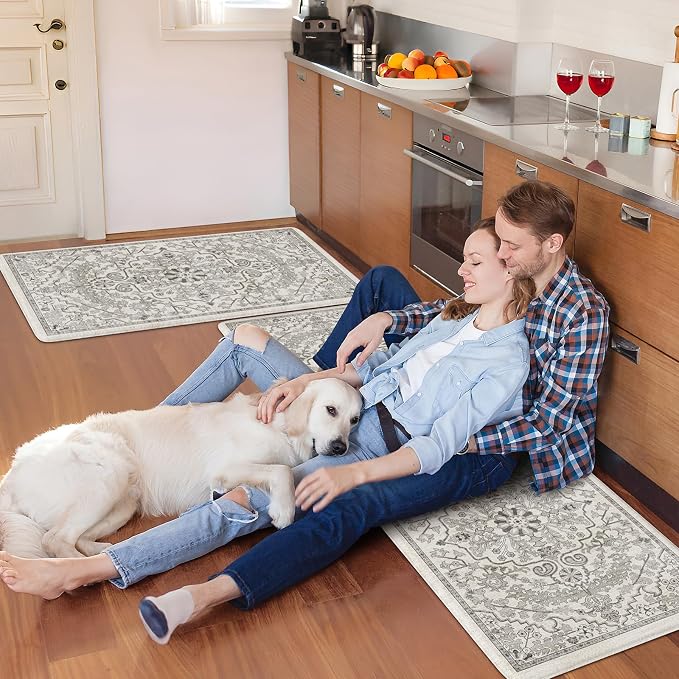 KIMODE Kitchen Mats Cushioned Anti Fatigue, 20"x47"+20"x32" Farmhouse Kitchen Rugs Sets of 2, Non Slip Kitchen Mats for Floor, Padded Kitchen Floor Mats for Sink, Laundry, Desk Grey