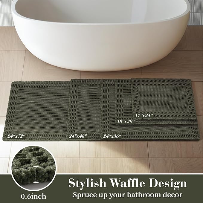 RESARE Waffle Bath Mat for Bathroom, Super Absorbent Bathroom Rugs Non Slip Machine Washable, Ultra Soft Quick Dry Boho Bath Rugs with Tassels, Farmhouse Home Decor Accessories, 20"x32" Green