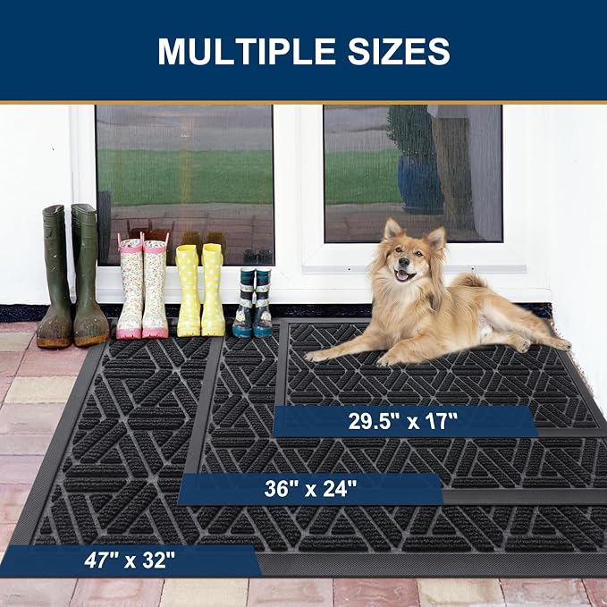 Smiry Front Door Mat Outside Entrance, Heavy Duty Sturdy Natural Rubber Doormat, Trap Dirt and Moisture, Easy Clean Low Profile Mats for Indoor Outdoor Entry, Grid Geometric (71x23, Black)