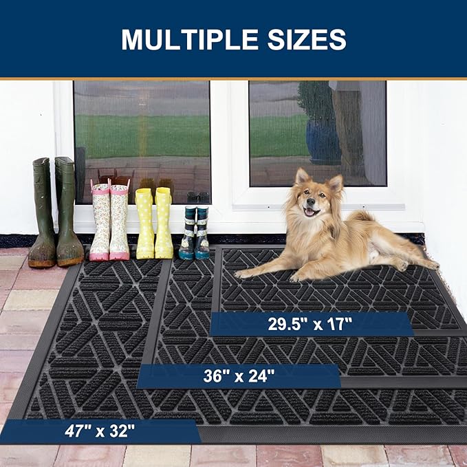 Smiry Front Door Mat Outside Entrance, Heavy Duty Sturdy Natural Rubber Doormat, Trap Dirt and Moisture, Easy Clean Low Profile Mats for Indoor Outdoor Entry, Grid Geometric (35x23, Black)