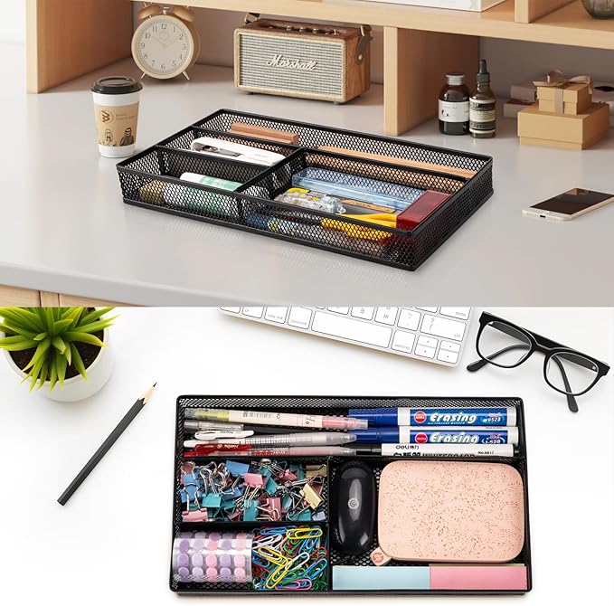 shenee Desk Drawer Organizer Tray,Drawer Organizer for Office and Home,Desk Organizer with Drawers,4 Compartments,Non-Slip Desk Organizers and Accessories for Stationery Makeup School (Black)