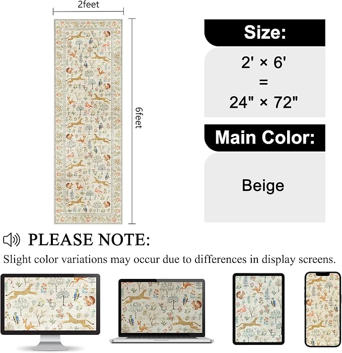 DUKINO 2x6 Rug for Hallway, Washable Kitchen Runner Rug with Non Slip Backing, Soft Low Pile Vintage Animal Runner for Bedroom, Kitchen, Hallway, Entryway, Laundry, Beige
