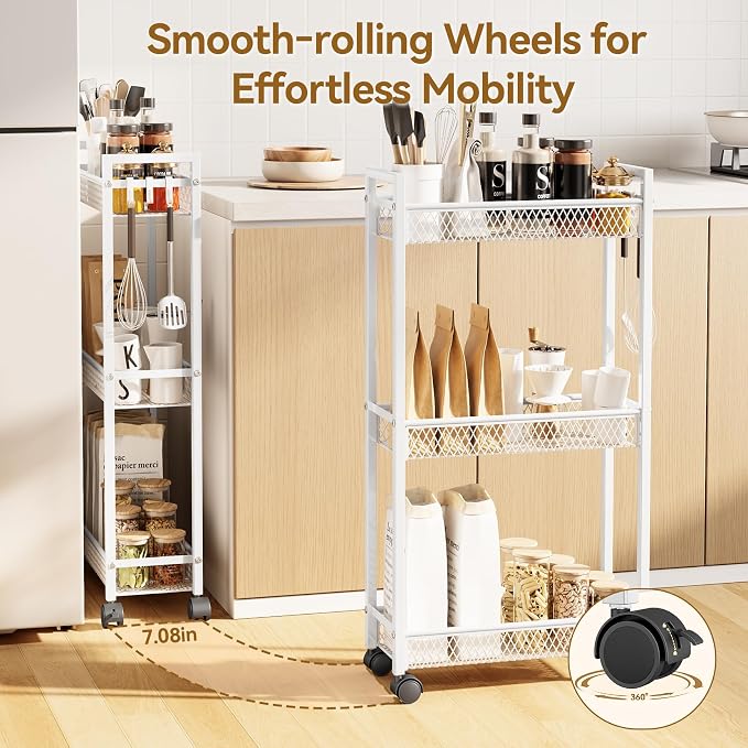 YASONIC Slim Rolling Storage Cart, Metal 3 Tier Bathroom Storage Organizer Laundry Room Utility Cart for Kitchen, Bthroom, Makeup, Craft, Laundry Narrow Places, White