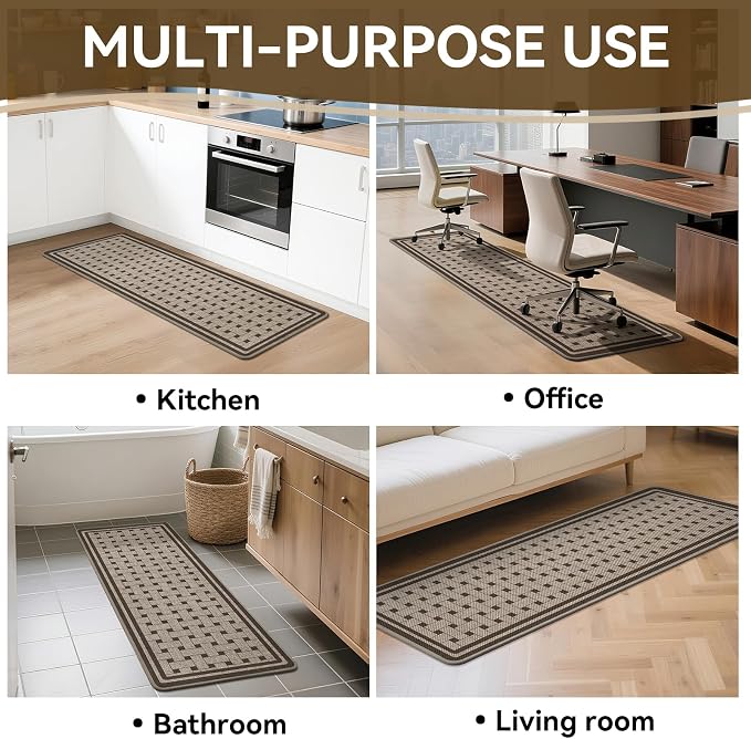 Kitchen Mats for Floor, 17''x30''+17''x47''Kitchen Rugs Set of 2, Washable Absorbent Non Slip Kitchen Mat, Braided Kitchen Runner Rug, Kitchen Sink Rug, Brown