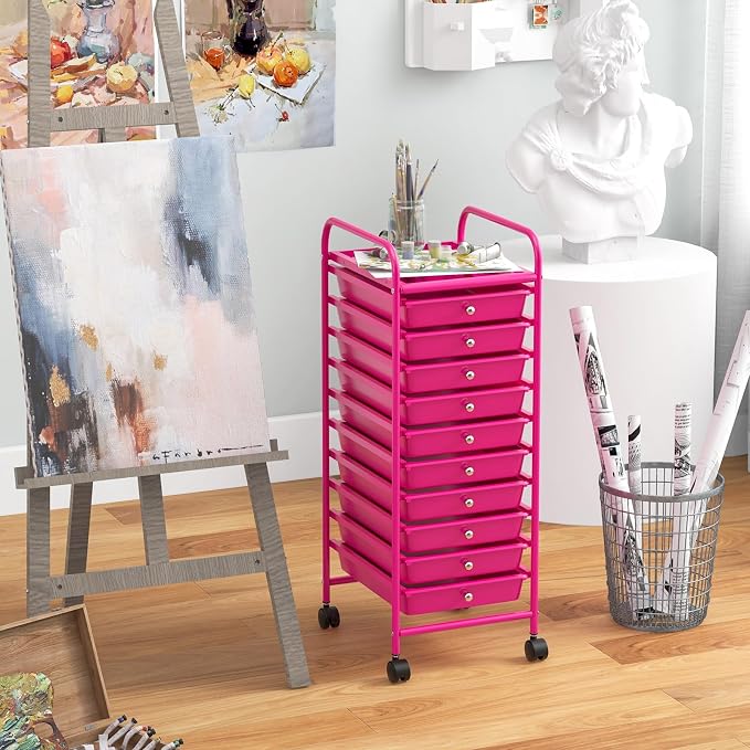 10-Drawer Rolling Storage Cart, Trolley w/Lockable 360° Wheels, 10 Removable PP Drawers, Sturdy Metal Frame, Rolling Utility Cart Perfect for Home, Office, Classroom (Hot Pink)