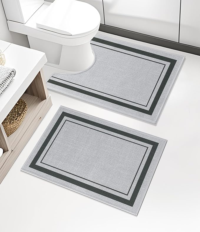 chakme 2 Piece Bathroom Rug Set, Ultra Thin Bath Mat,Absorbent, Non Slip, Machine Washable, Light Grey, 17"x24"+Toilet Mat