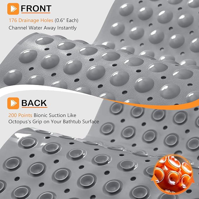 Yimobra 2-Pack Non Slip Bathtub Mat 40 x 16 Inch, Extra Long Shower Mat with Drain Holes, Machine Washable Baby Bath Mats, Strong Suction Cups for Bathroom Floor, Grey