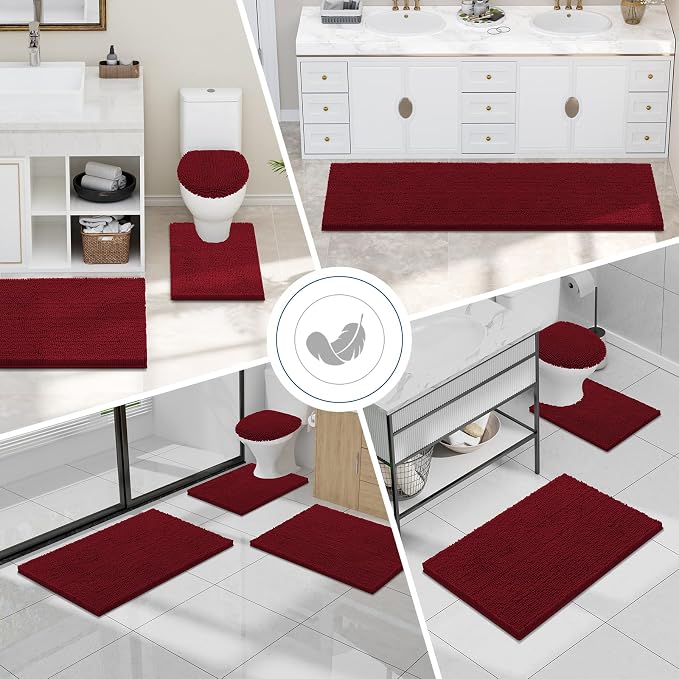 Smiry Luxury Chenille Bathroom Rugs 30x20, Extra Soft and Absorbent Shaggy Bath Mat, Machine Washable, Non-Slip Plush Carpet Runner for Tub, Shower, and Floor, Home Decor Accessories, Red