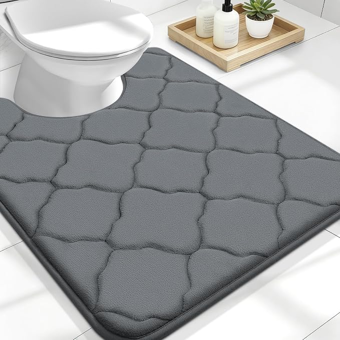 OLANLY Memory Foam Toilet Rugs U-Shaped 24x20, Ultra Soft and Absorbent Bathroom Rugs, Non-Slip, Comfortable, Machine Washable Contour Bath Mat for Toilet Base, Home Decor Accessories, Dark Grey