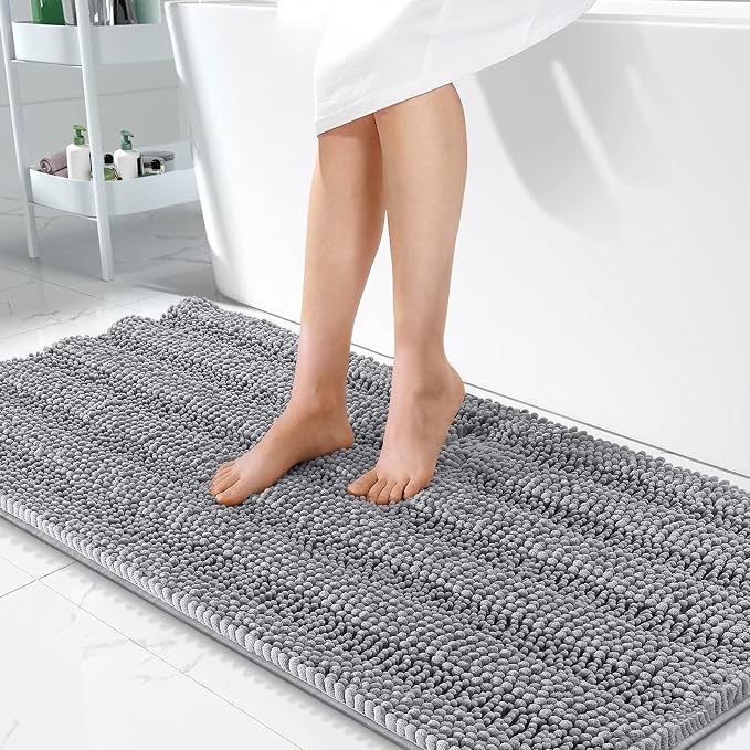 OLANLY Thick Bathroom Runner Rugs 47x24, Extra Absorbent Chenille Striped Bath Rugs, Rubber Backing, Machine Wash Dry, Long Bath Mats for Bathroom Floor, Tub and Shower, Home Decor Accessories, Grey