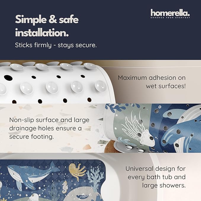 Bathtub Mat Non Slip Anti Mold for Kids 40x16 - homerella® Bath Mat for Tub, BPA Free, Incl. 2 Hooks, Washable Shower Mat Non Slip Anti Mold, Shower Mats for Inside Shower, EU Certified