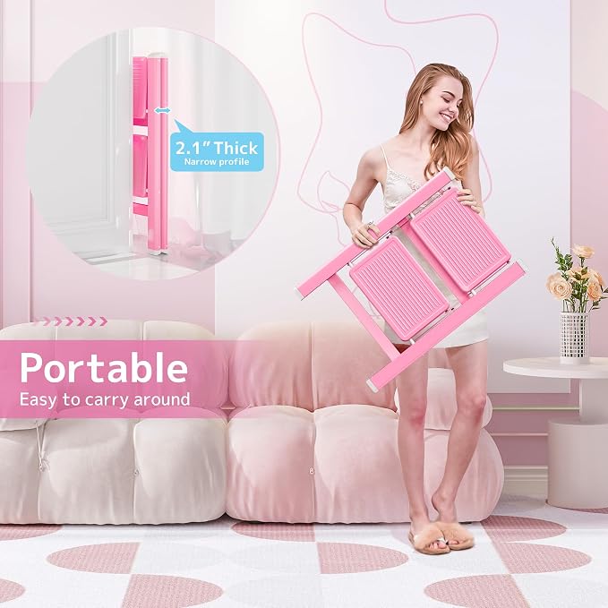 Pink 2 Step Ladder, Small Kitchen Step Stool for Adults, Widen 7.9Inch Pedal for Comfortable Use, Sturdy and Cute Step Ladder with Anti-Slip Foot, More Friendly to Women, 330Lbs Load