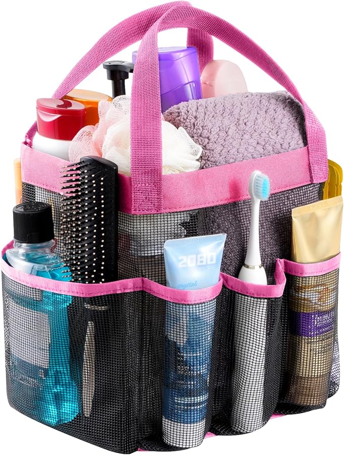 Lifewit Mesh Shower Caddy Portable for College Dorm Room Essentials with 7 Pockets, Freestanding Hanging Organizer Basket, Quick Dry Tote Bag for Camping, Bathroom, Beach, Travel, 1 Pack, Pink
