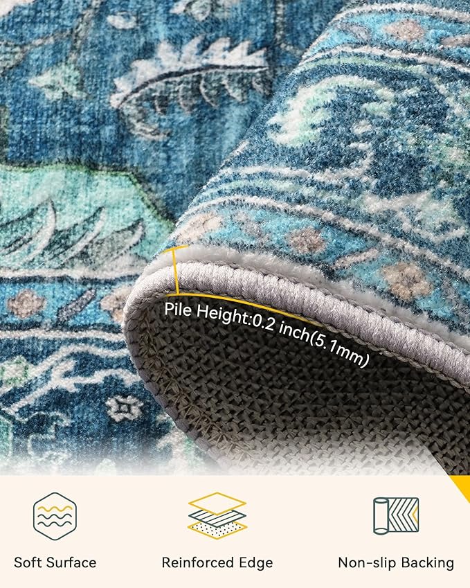 RELEANY Area Rugs 6'x8' Washable Non-Slip, Floral Vintage Distress Medallion Carpet for Living Room Bedroom Dining Room, Teal Green Lake Blue Turquoise