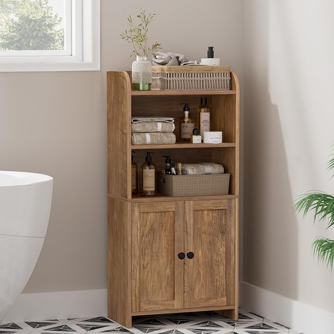 Homhedy Small Bathroom Storage Cabinet, Freestanding Toilet Paper Storage with 2 Doors and Shelves, Bathroom Organizers and Storage for Small Spaces, 7.9" D x 14.6" W x 31" H, Rustic Walnut