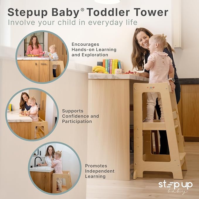 Stepup Baby Toddler Step Stool - Adjustable Height Kids Helper Step Stool, Durable, Non-Slip Platform for Bathroom Sink & Kitchen Counter, Toddler Tower for Exploration and Growth - Natural