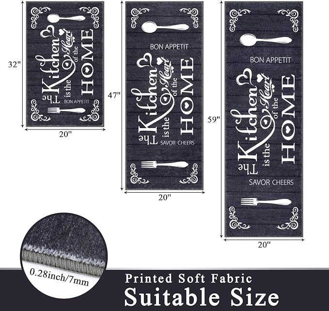 Vaukki Boho Kitchen Rug Sets 3 Pieces, Washable Kitchen Mats for Floor, Non Slip Soft Kitchen Area Rug Floor Mat for Kitchen, Laundry Room and Hallway (Black, 20''x32''+20''x47''+20''x59'')