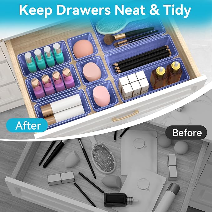 ElegantArray 12 PCS Drawer Organizer Set, 4 Sizes Tool Storage Trays, Clear Plastic Makeup Vanity Organizer and Storage Bins for Stationeries, Multiple Gadgets for Office, Bedroom, Navy Blue