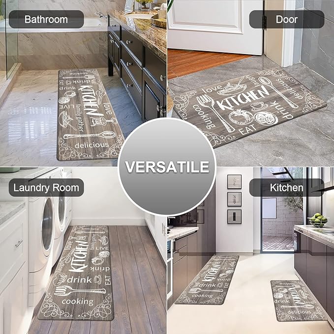 HEBE Kitchen Rugs Set of 2, Cushioned Anti Fatigue Kitchen Mats for Floor, Non Slip Waterproof Comfort Standing Desk Mat Carpet for Sink, Stove, Laundry Room, Brown