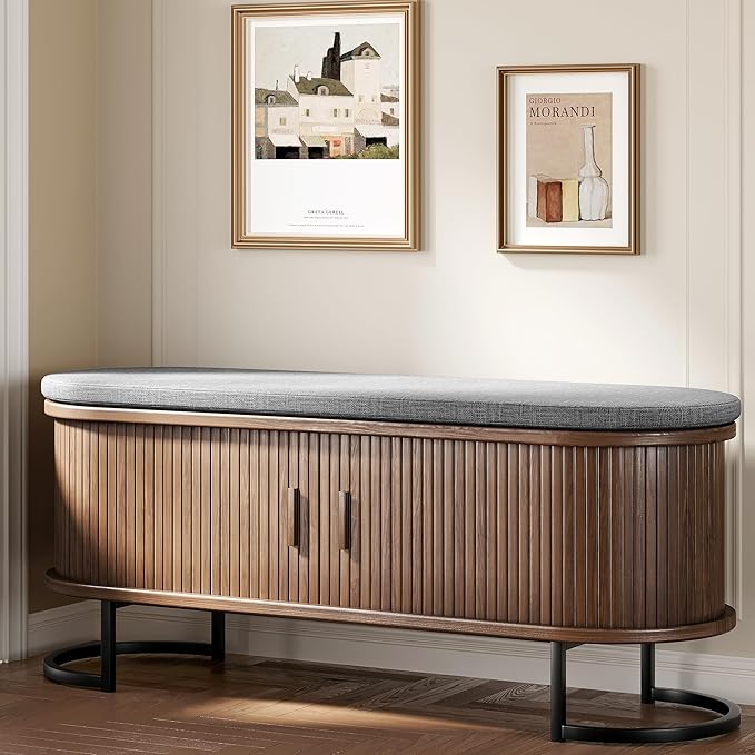 Decofy Storage Bench with Cushion and Sliding Doors, 47.2 Inch Large Entryway Shoe Bench with Sturdy Metal Feet, Multi-Functional for Entrance Hall, Bedroom, Living Room (Walnut)