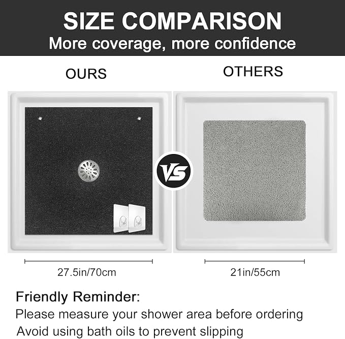 Extra Large Square Shower Mat for Inside Shower, 27 x 27 Inch Shower Floor Mat with Center Drain Hole, Designed for Walk-in Showers, Non-Slip Loofah Mat with Wide Coverage for Stable Standing