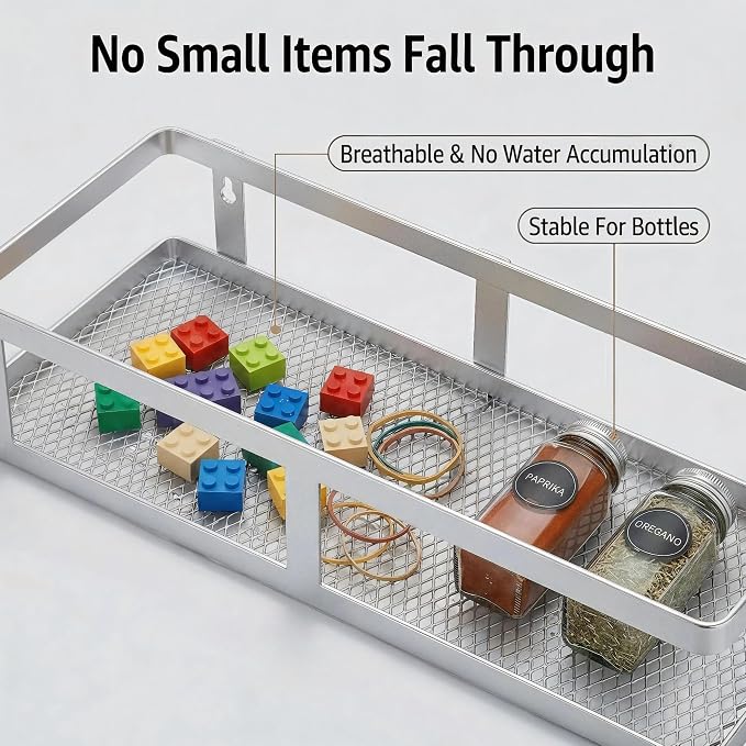 PUSDON 2-Pack Minimalist Shower Caddy Wall Mount, Open Frame Bathroom Shelf Organizer with Mesh Base, Rustproof Floating Spice Rack for Kitchen, Holds 50 LBS, 4 Hooks - Silver Gray, Guardrail
