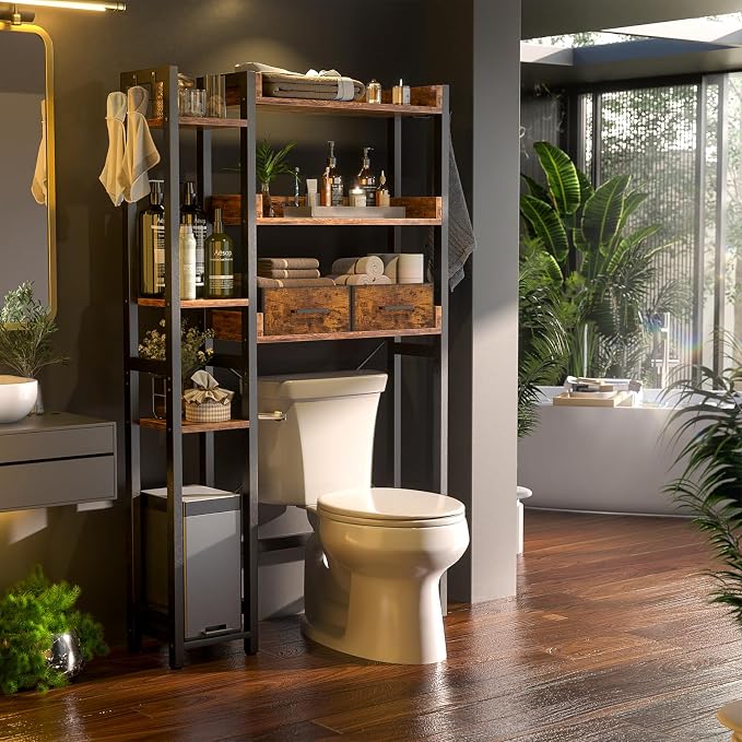 Besiost Over The Toilet Storage, 7 Tier Bathroom Organizer with Reversible Side Shelf and 2 Fabric Drawers, Adjustable Freestanding Rack Space Saver for Small Spaces, Rustic Brown